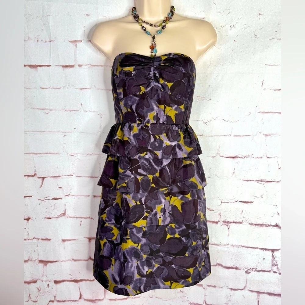 J. CREW 4 Floral Tiered Ruffle Strapless Grey Olive Layered Mini Cocktail Dress - Picture 9 of 14